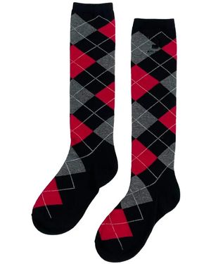 Pushbutton Argyle-Intarsia Knee-High Socks - Black