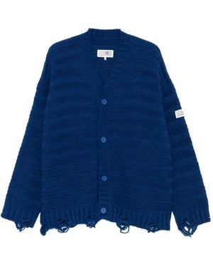 MM6 by Maison Margiela Distressed Horizontal-Stripe Cardigan - Blue