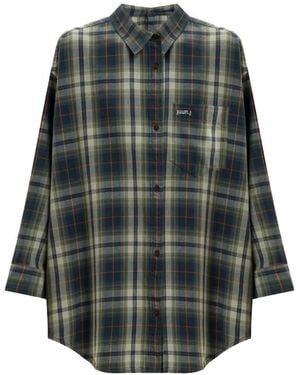 Juun.J Check-Pattern Logo-Print Shirt - Grey