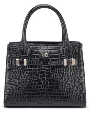 Philipp Plein Small Crocodile-Effect Logo Tote Bag - Black
