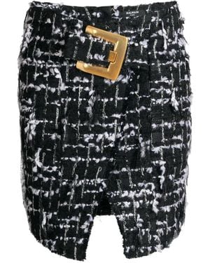 Balmain Jupe En Tweed À Franges Ceinturées - Gris