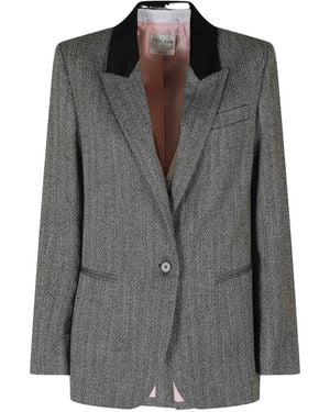 forte_forte Chevron-Pattern Velvet-Collar Blazer - Grey