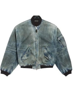 Balenciaga Standard Logo-Print Faded-Wash Cotton Bomber Jacket - Blue