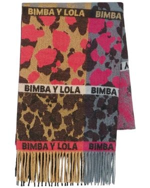 Bimba Y Lola Animal Print Striped Scarf With Fuchsia Logos - Red