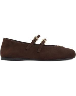 Prada Double-Buckle Suede Ballet Flats - Brown
