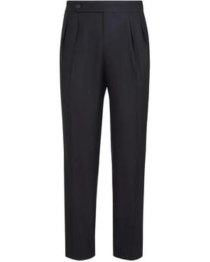 Brunello Cucinelli Virgin Wool And Silk Lightweight Twill Tuxedo Trousers With Double Pleats And Waist Tabs - Blue