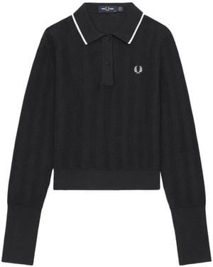 Fred Perry Strukturiertes Langarm-Poloshirt - Schwarz