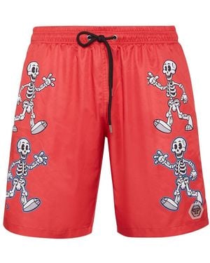 Philipp Plein Skeleton-Print Swim Shorts - Red