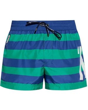 Dolce & Gabbana Striped Logo-Patch Swim Shorts - Blue