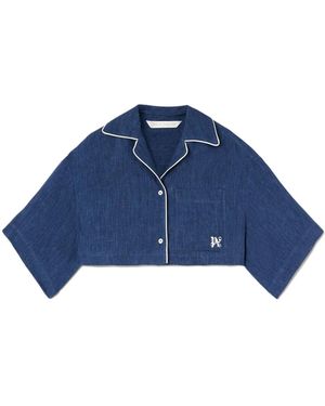 Palm Angels Monogram-Embroidered Satin Cropped Shirt - Blue