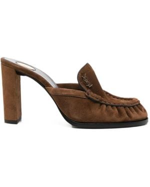 Saint Laurent Le Loafer Suede Heeled Mules - Brown