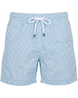Fedeli Geometric-Print Drawstring Swim Shorts - Blue