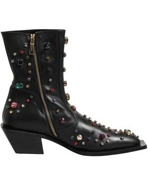 Dolce & Gabbana Crystal-Embellished Leather Ankle Boots - Black