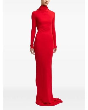 16Arlington Foyle Draped-Neck Long-Sleeved Bodycon Maxi Gown Dress - Red