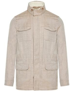 Enrico Mandelli Herringbone-Pattern High-Neck Jacket - Natural