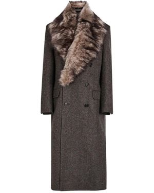 Nili Lotan Herringbone Fur-Collar Double-Breasted Coat - Brown