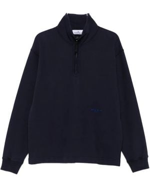 Stone Island Poloshirt Met Halve Rits En Fleece Textuur - Blauw