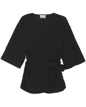 Ganni V-Neck Seersucker Tied Blouse - Black
