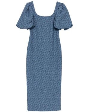 Max Mara Floral-Jacquard Puff-Sleeve Dress - Blue