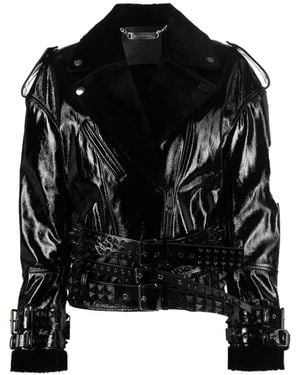 Philipp Plein Shearling-Collar Patent-Leather Jacket - Black