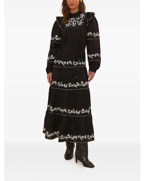 FARM Rio Floral-Embroidered Tiered Ruffle Dress - Black