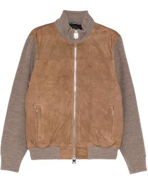 Les Hommes Contrast-Sleeve Leather Jacket - Brown