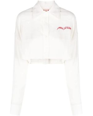 Marni Slogan-Embroidered Long-Sleeve Cropped Shirt - White