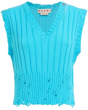 Marni Logo-Embroidery Distressed Knitted Vest - Blue