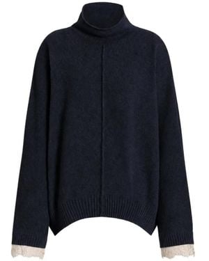 Alberta Ferretti Lace-Trim High-Neck Sweater - Blue
