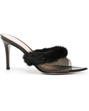 Gianvito Rossi Plexi Feather-Trim Pointed-Toe Heeled Sandals - White