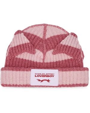 Charles Jeffrey Chunky Ears Striped Knit Beanie Hat - Red