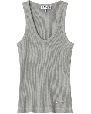 Ganni Ribbed-Knit Logo-Embroidered Tank Top - Grey