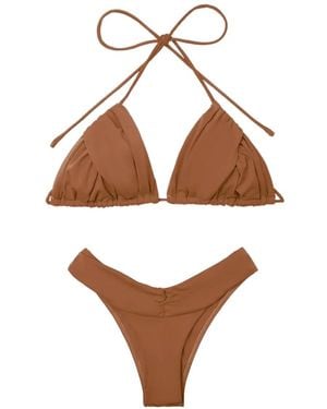 Elegancia Bikini Mimi Fruncido Con Cuello Halter - Marrón
