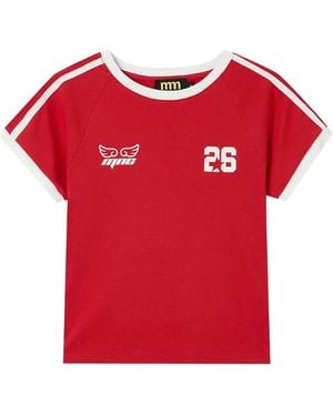 Mini Cream Logo-Print Raglan-Sleeve T-Shirt - Red