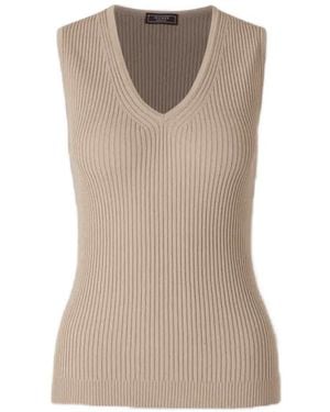 Peserico Ribbed-Knit V-Neck Top - Natural