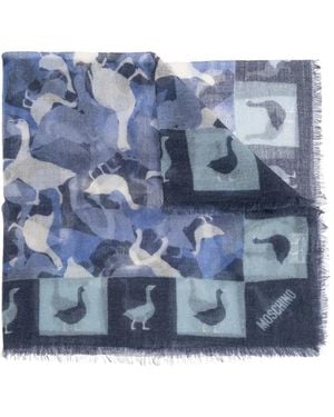 Moschino Duck-Print Frayed-Trim Cashmere Scarf - Blue
