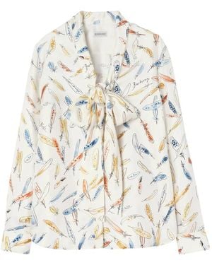 Burberry Blusa De Seda Con Estampado De Plumas - Blanco