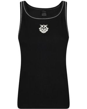 Pinko Ribbed Vest Top With Love Birds Embroidery - Black