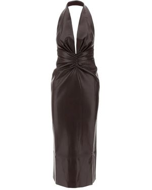 ANDAMANE V-Neck Draped Midi Dress - Brown
