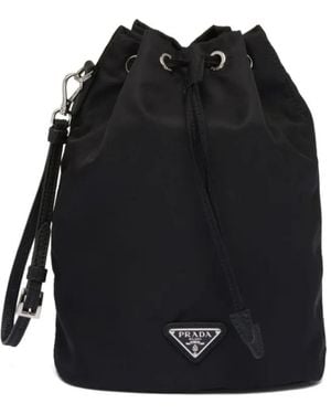 Prada Logo-Plaque Drawstring Pouch - Black
