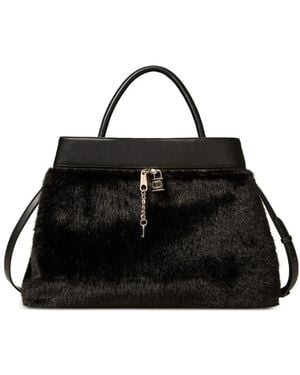 Twinset Fur-Trimmed Leather Tote Bag - Black