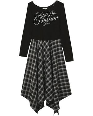 Musium Div. Long-Sleeved Checkered-Skirt Asymmetric Midi Dress - Black