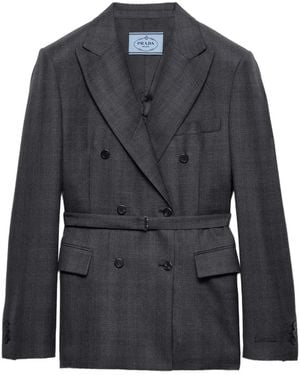 Prada Double-Breasted Checked Wool Jacket - Blue