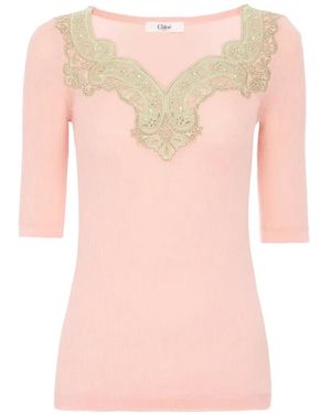 Chloé Gerippter Pullover mit Spitze - Pink