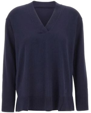 Elena Miro V-Neck Side-Slit Fine-Knit Top - Blue