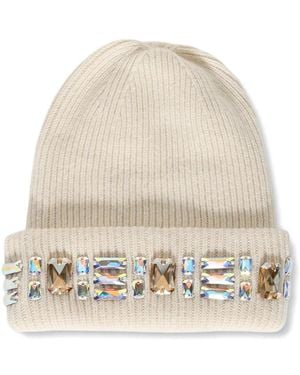 Melrose High Crystal-Embellished Ribbed-Knit Beanie Hat - Natural