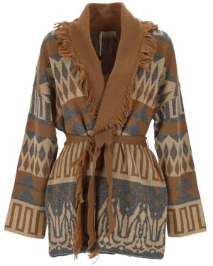 Pennyblack Geometric-Pattern Fringed Cardigan - Brown
