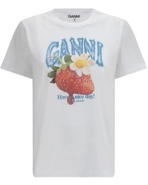 Ganni Strawberry-Print Cotton T-Shirt - White