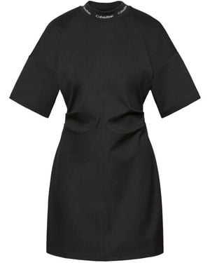 Calvin Klein Logo-Neckline Gathered-Waist Mini Dress - Black