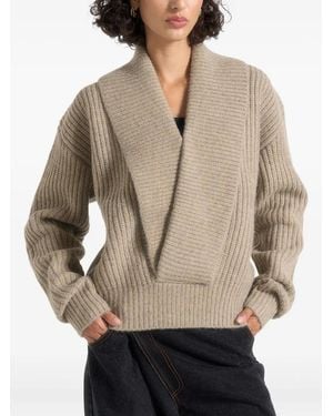 Manière De Voir Azra Plunge-Knit Taupe Sweater - Natural